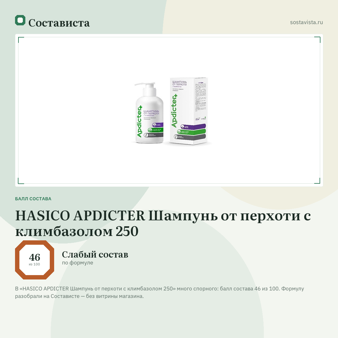 HASICO APDICTER Шампунь от перхоти с климбазолом 250: балл состава 46 из 100 — Состависта