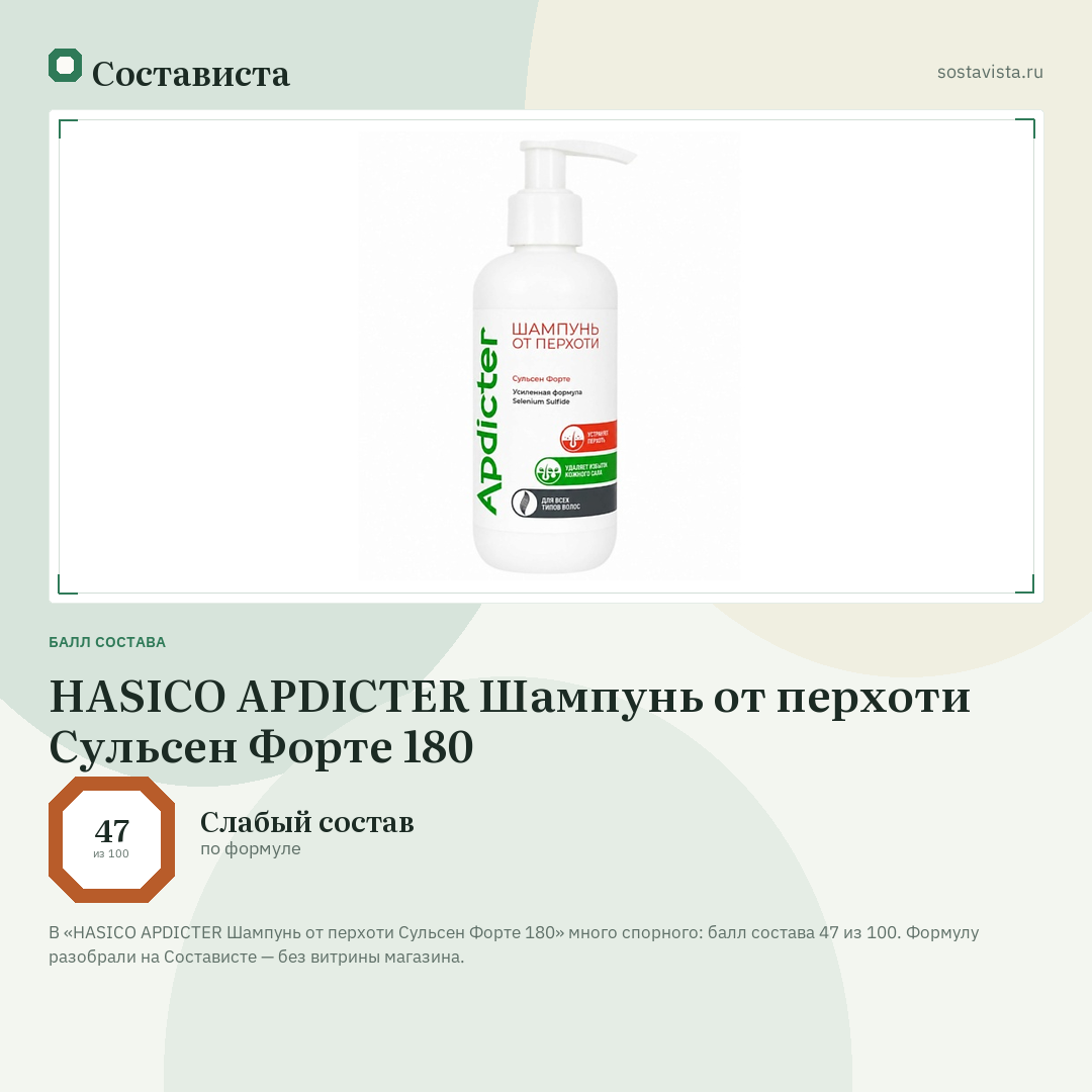 HASICO APDICTER Шампунь от перхоти Сульсен Форте 180: балл состава 47 из 100 — Состависта