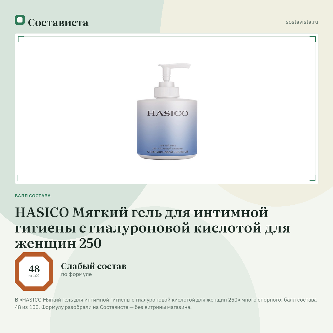 HASICO Мягкий гель для интимной гигиены с гиалуроновой кислотой для женщин 250: балл состава 48 из 100 — Состависта