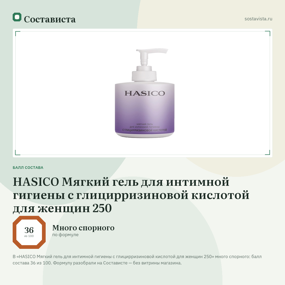 HASICO Мягкий гель для интимной гигиены с глицирризиновой кислотой для женщин 250: балл состава 36 из 100 — Состависта