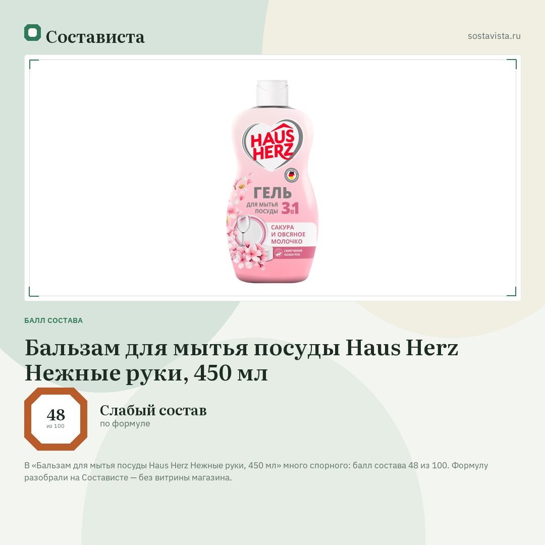 Бальзам для мытья посуды Haus Herz Нежные руки, 450 мл: балл состава 48 из 100 — Состависта