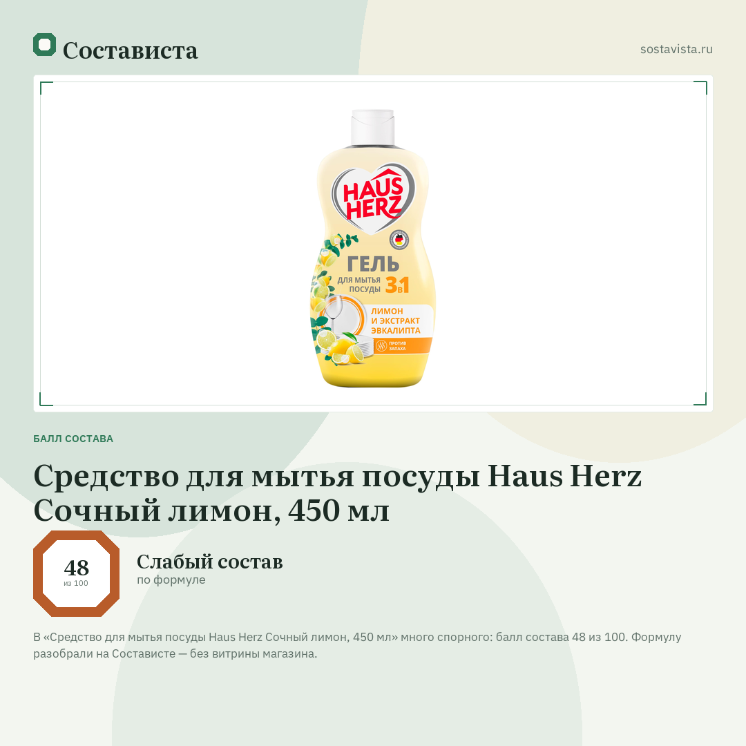 Средство для мытья посуды Haus Herz Сочный лимон, 450 мл: балл состава 48 из 100 — Состависта