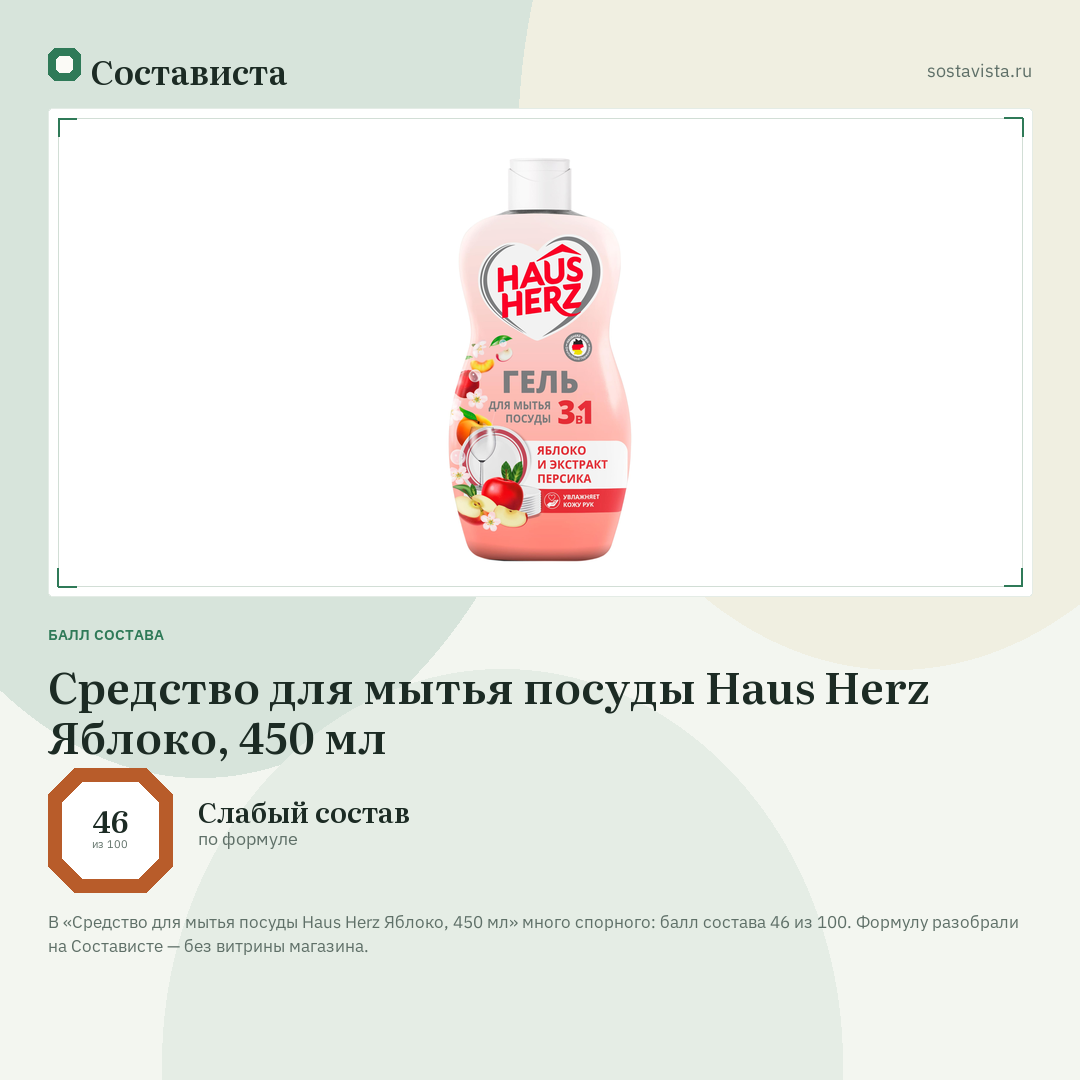 Средство для мытья посуды Haus Herz Яблоко, 450 мл: балл состава 46 из 100 — Состависта