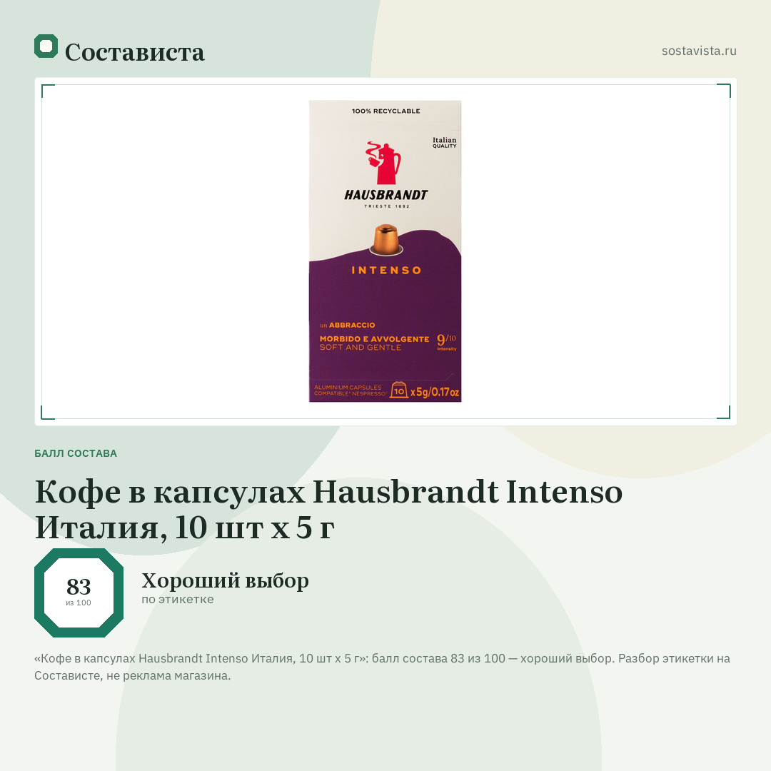 Кофе в капсулах Hausbrandt Intenso Италия, 10 шт х 5 г: балл состава 83 из 100 — Состависта