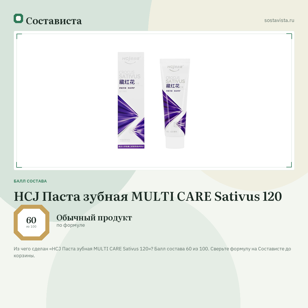 HCJ Паста зубная MULTI CARE Sativus 120: балл состава 60 из 100 — Состависта