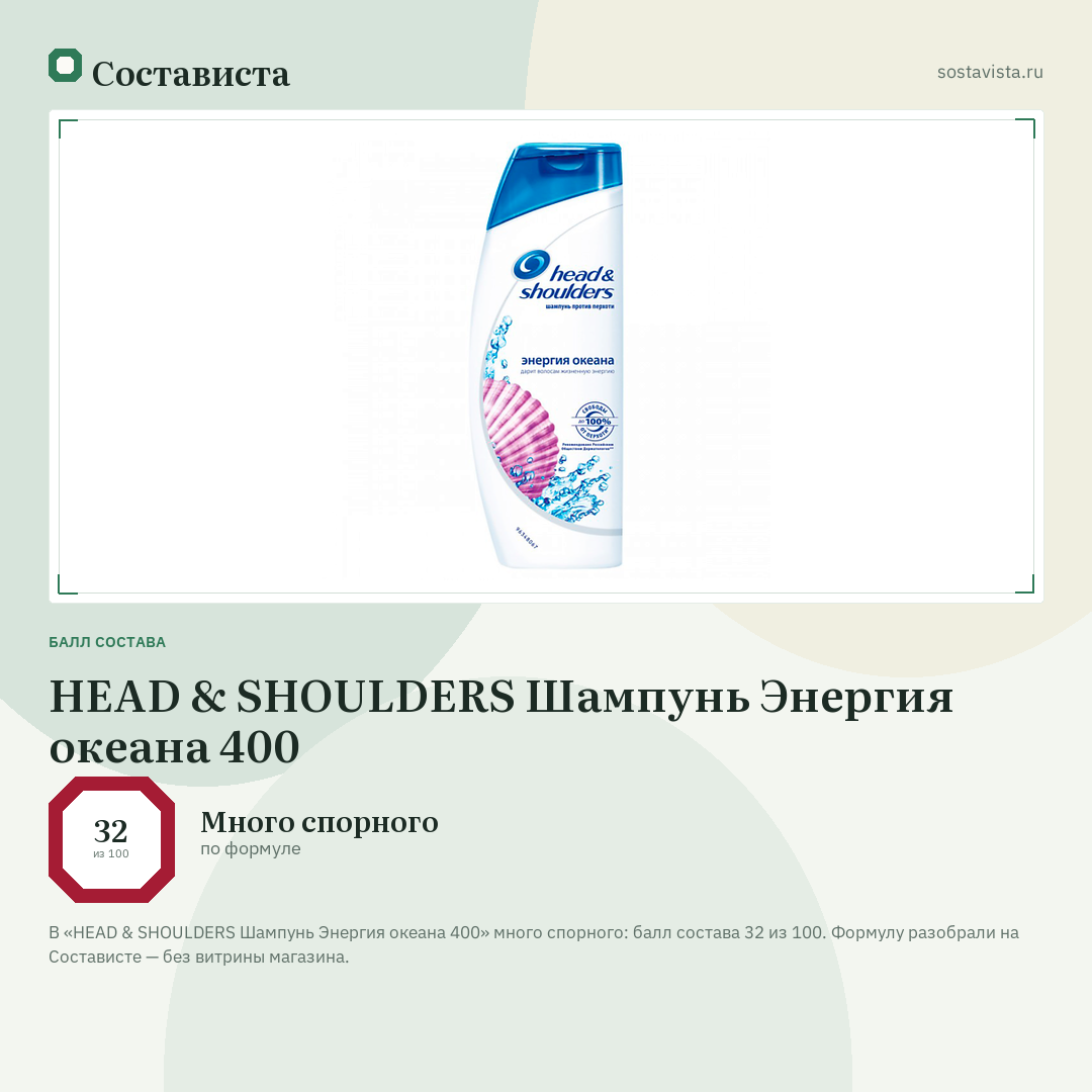 HEAD & SHOULDERS Шампунь Энергия океана 400: балл состава 32 из 100 — Состависта