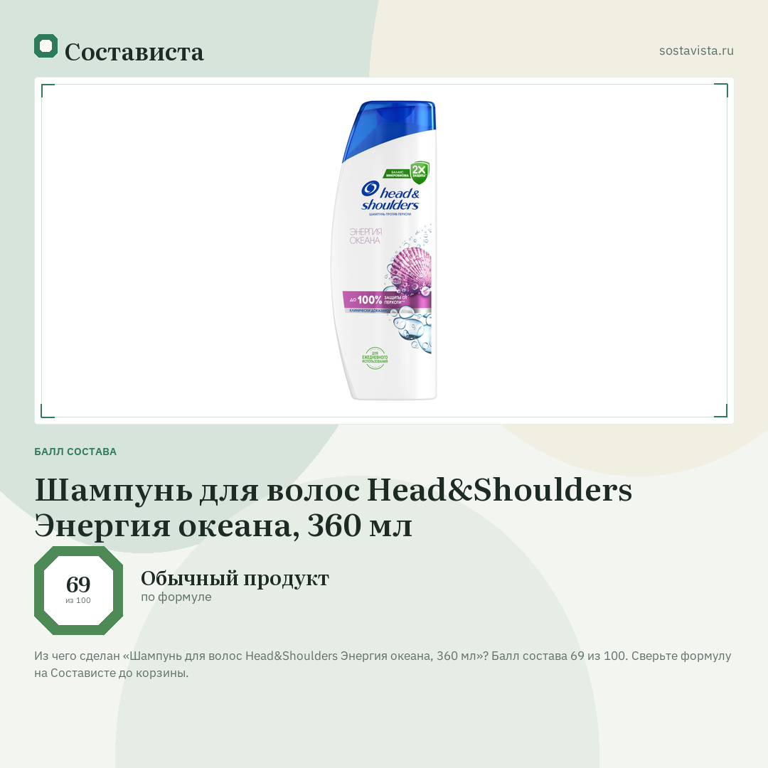 Шампунь для волос Head&Shoulders Энергия океана, 360 мл: балл состава 69 из 100 — Состависта