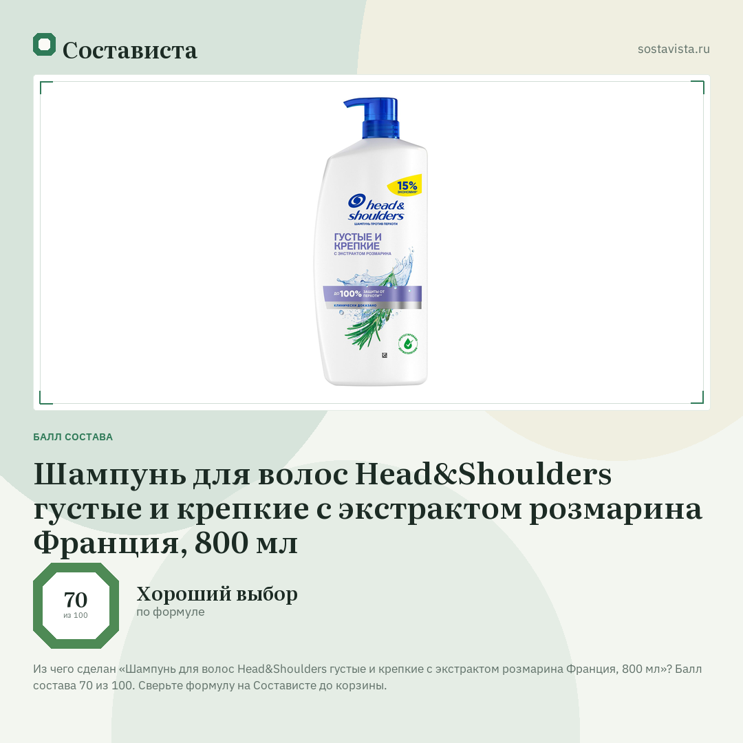 Шампунь для волос Head&Shoulders густые и крепкие с экстрактом розмарина Франция, 800 мл: балл состава 70 из 100 — Состависта