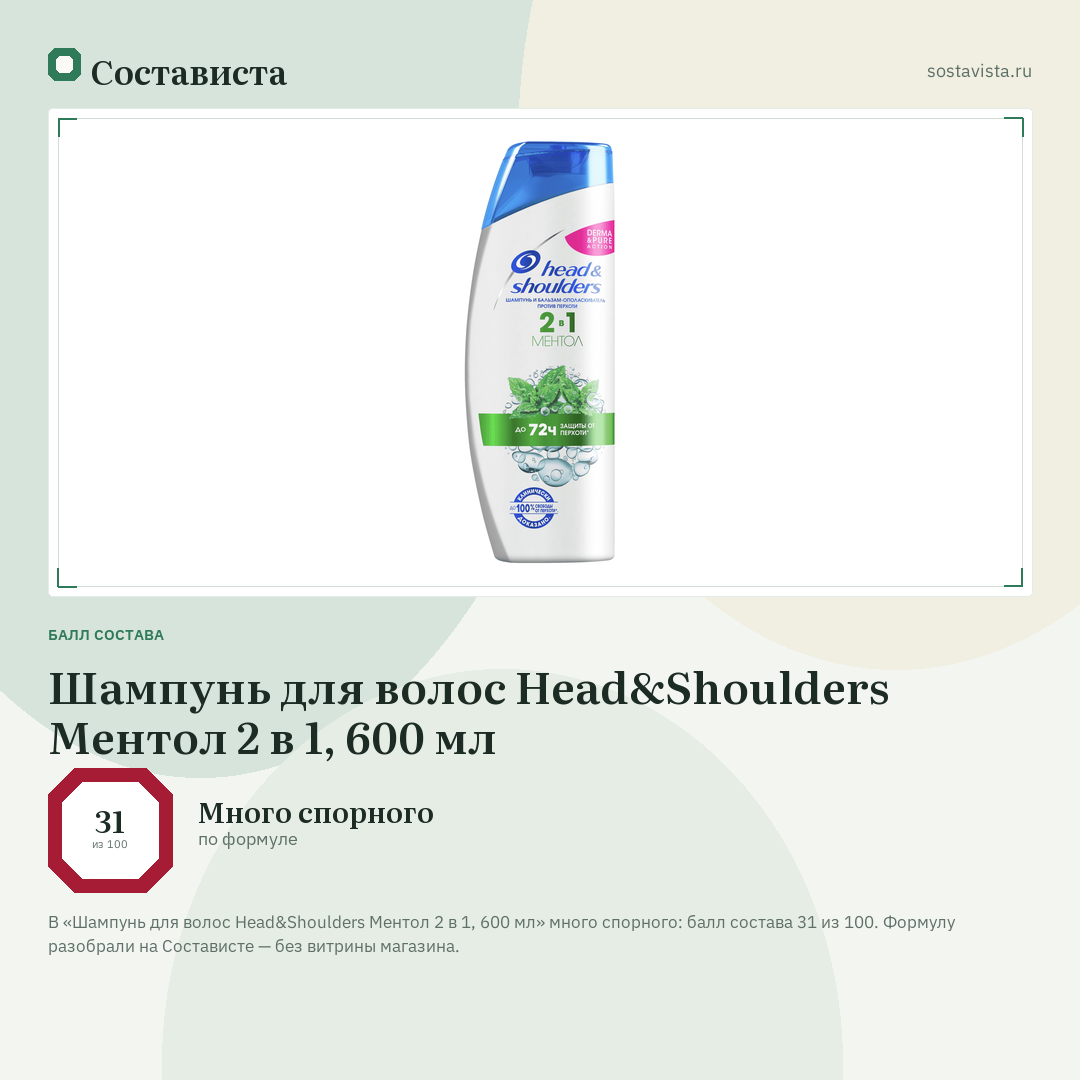 Шампунь для волос Head&Shoulders Ментол 2 в 1, 600 мл: балл состава 31 из 100 — Состависта