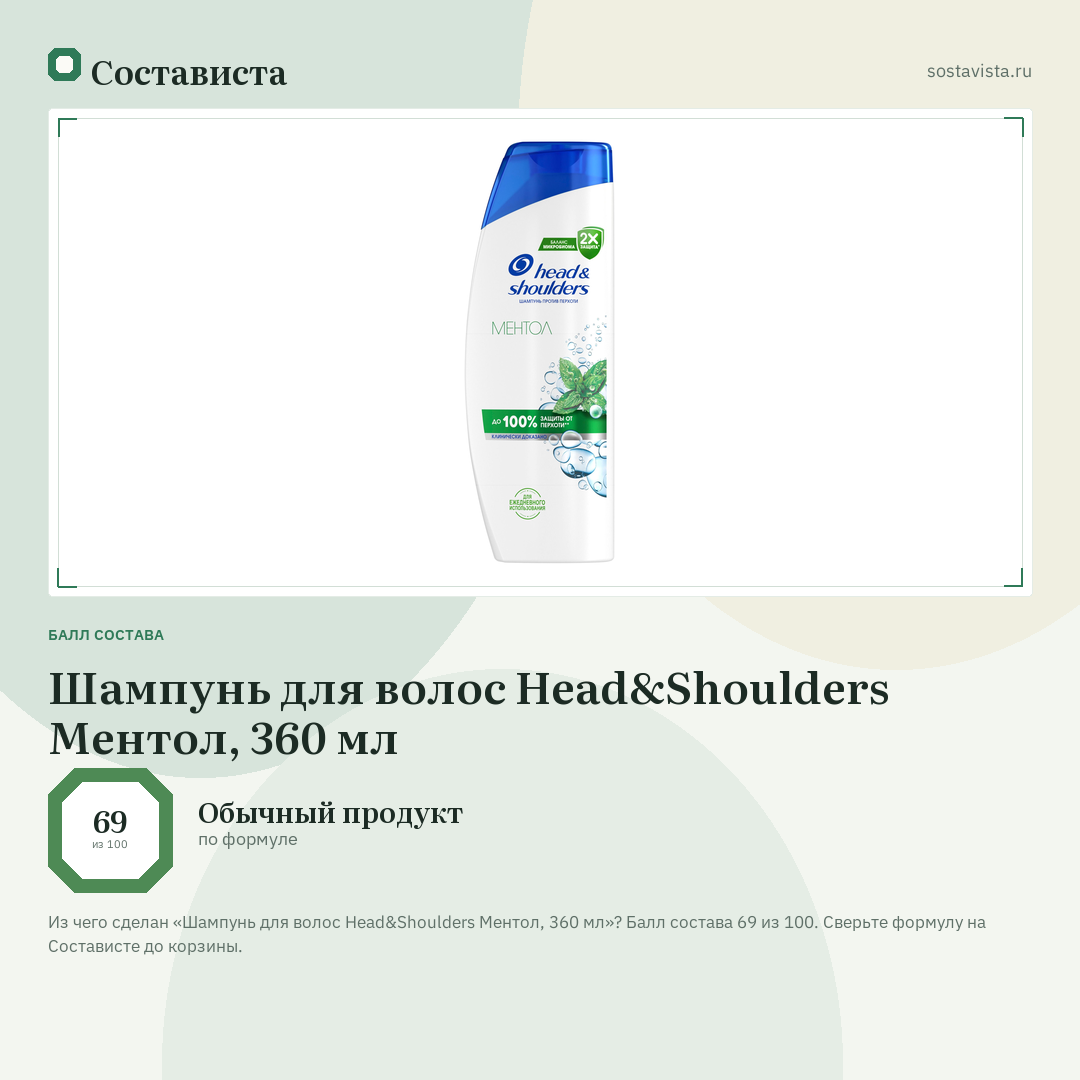 Шампунь для волос Head&Shoulders Ментол, 360 мл: балл состава 69 из 100 — Состависта