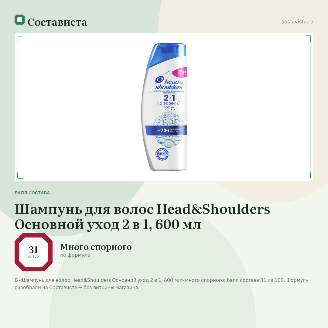 Шампунь для волос Head&Shoulders Основной уход 2 в 1, 600 мл: балл состава 31 из 100 — Состависта
