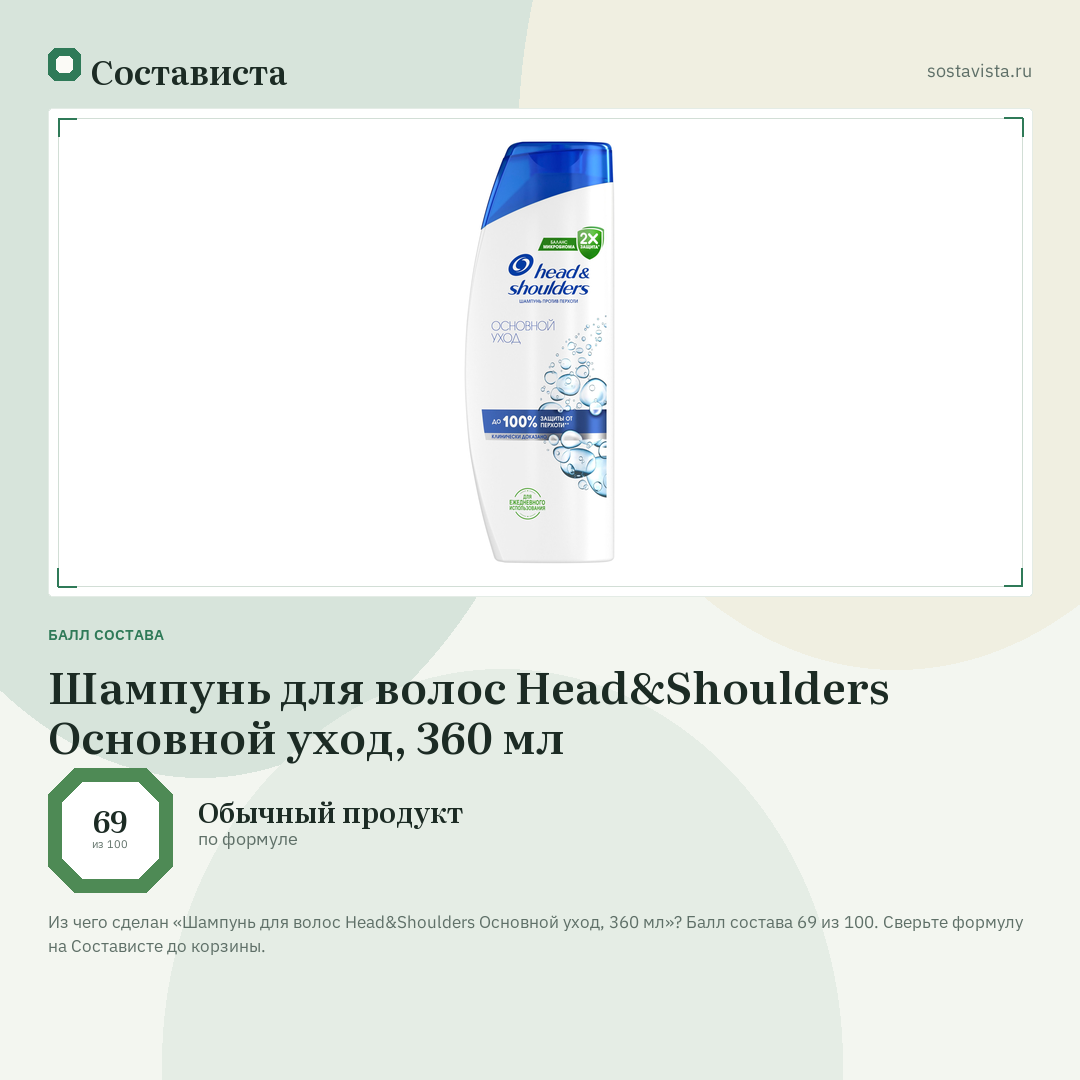 Шампунь для волос Head&Shoulders Основной уход, 360 мл: балл состава 69 из 100 — Состависта