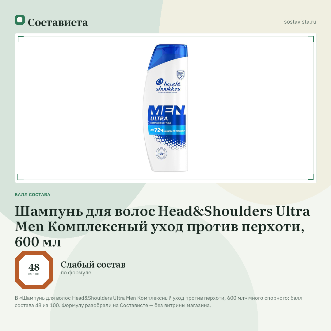 Шампунь для волос Head&Shoulders Ultra Men Комплексный уход против перхоти, 600 мл: балл состава 48 из 100 — Состависта