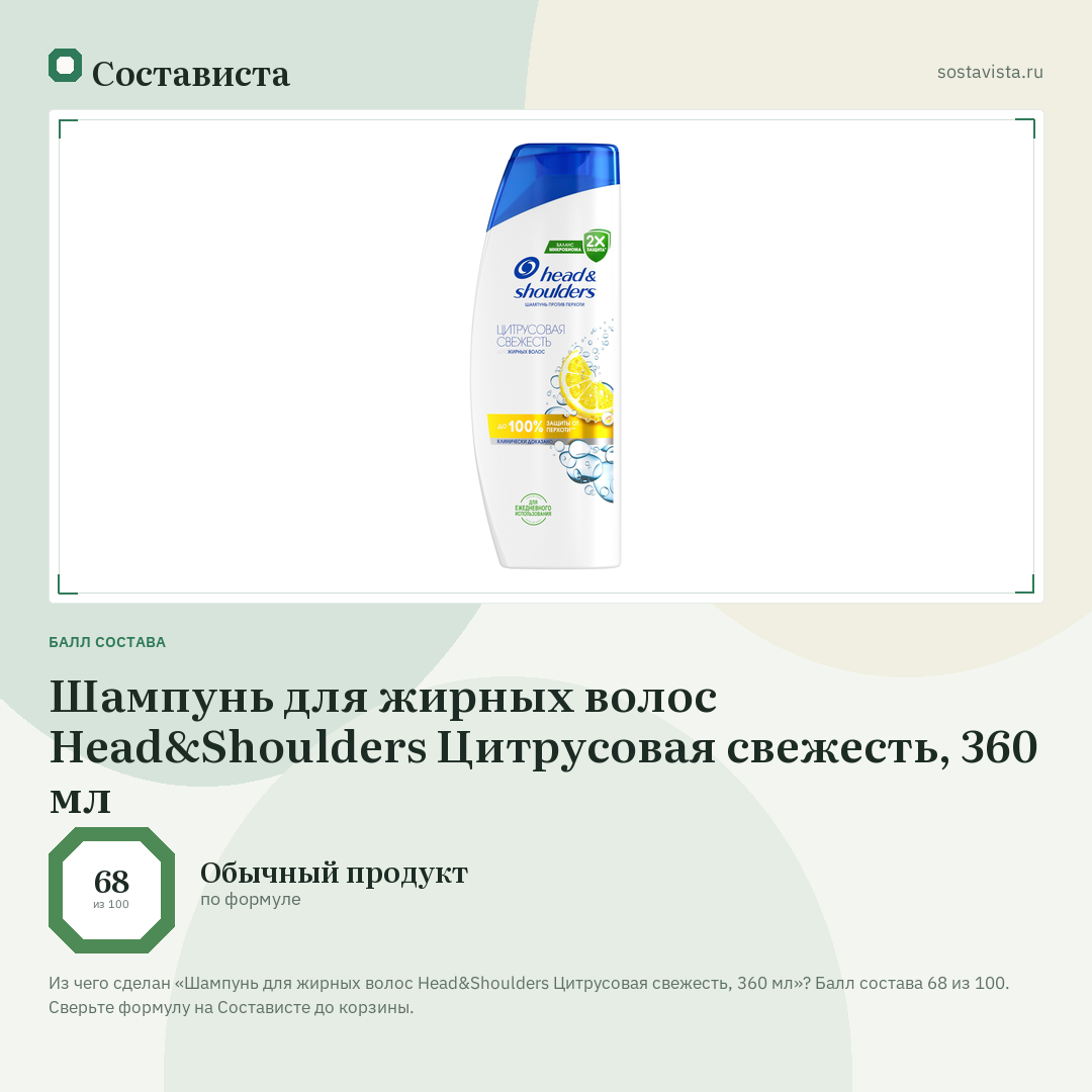 Шампунь для жирных волос Head&Shoulders Цитрусовая свежесть, 360 мл: балл состава 68 из 100 — Состависта
