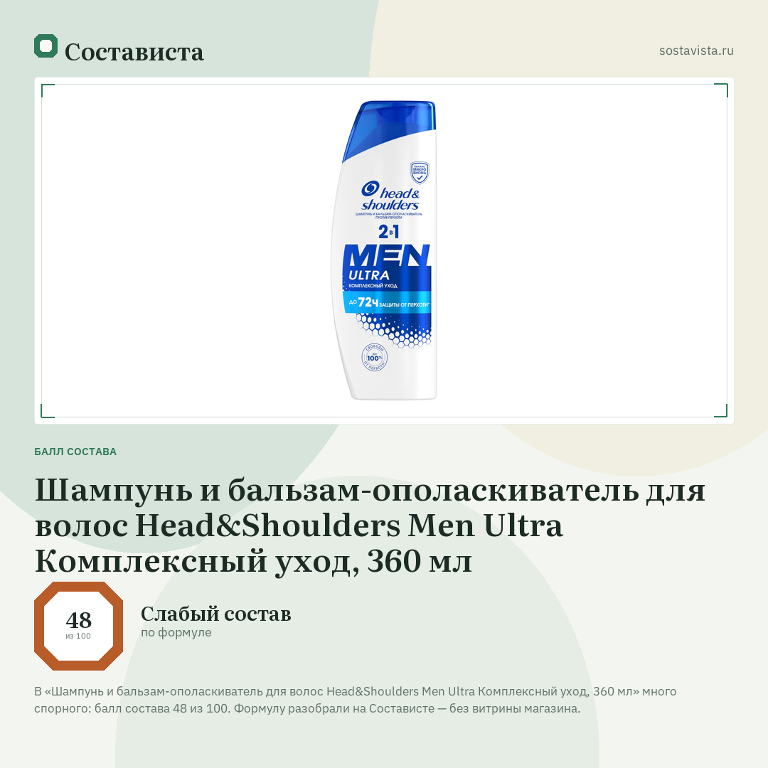 Шампунь и бальзам-ополаскиватель для волос Head&Shoulders Men Ultra Комплексный уход, 360 мл: балл состава 48 из 100 — Состависта