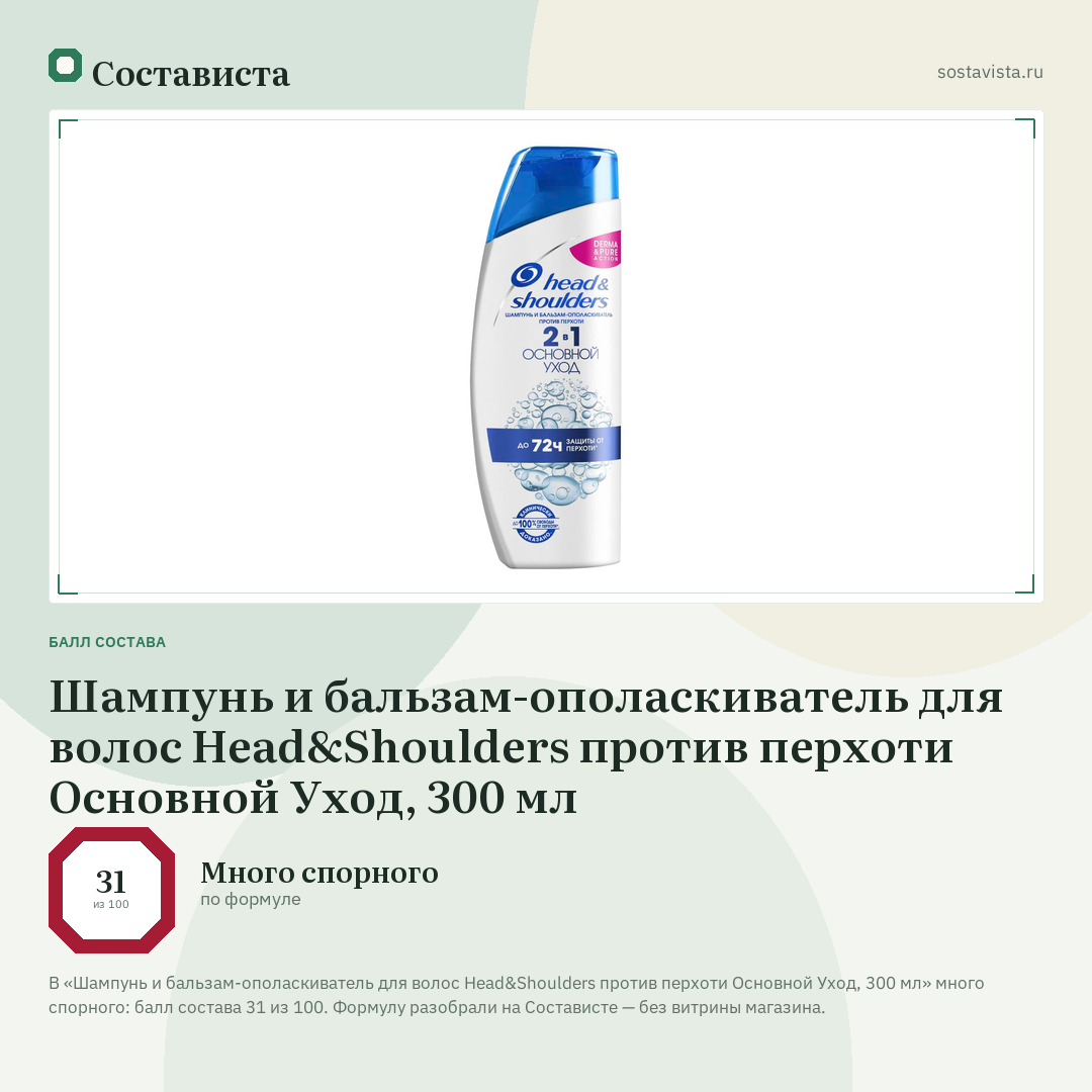 Шампунь и бальзам-ополаскиватель для волос Head&Shoulders против перхоти Основной Уход, 300 мл: балл состава 31 из 100 — Состависта
