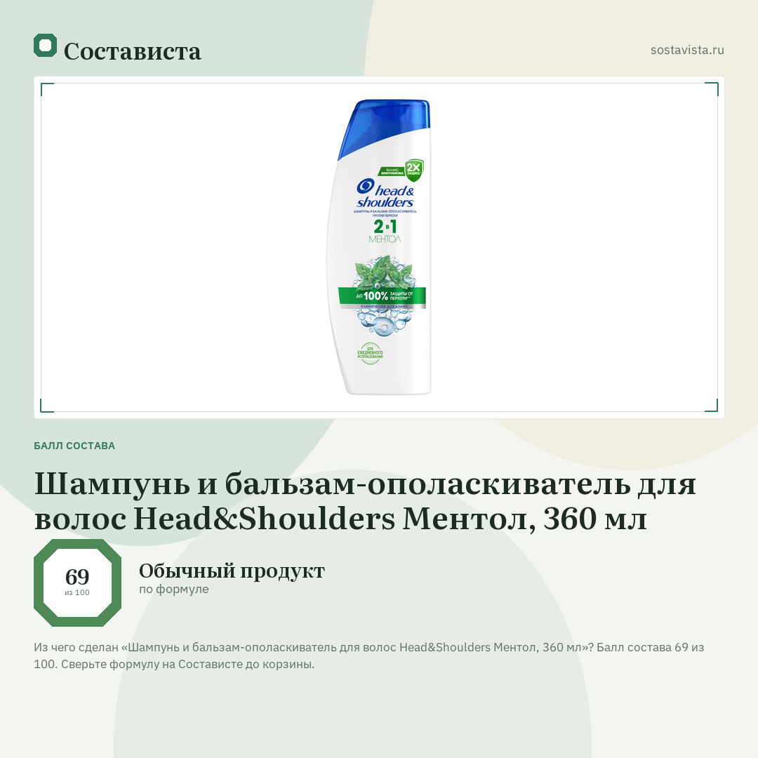 Шампунь и бальзам-ополаскиватель для волос Head&Shoulders Ментол, 360 мл: балл состава 69 из 100 — Состависта