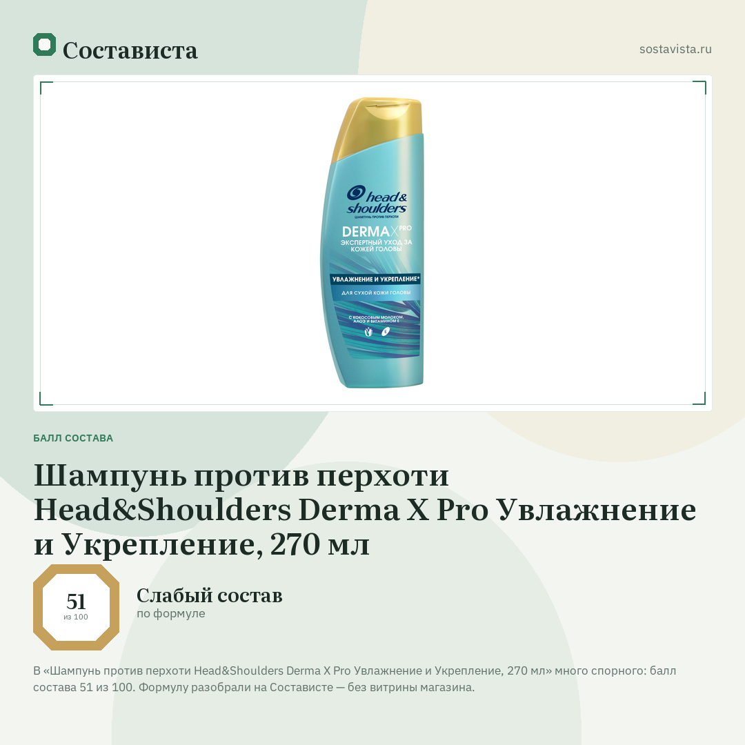 Шампунь против перхоти Head&Shoulders Derma X Pro Увлажнение и Укрепление, 270 мл: балл состава 51 из 100 — Состависта