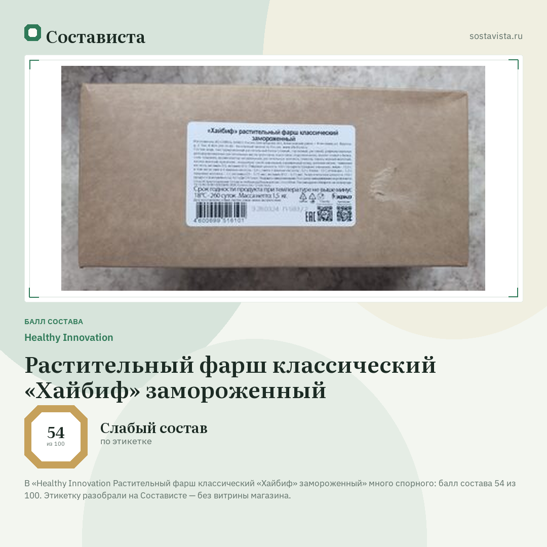 Healthy Innovation Растительный фарш классический «Хайбиф» замороженный: балл состава 54 из 100 — Состависта