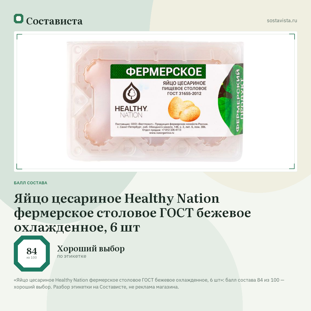 Яйцо цесариное Healthy Nation фермерское столовое ГОСТ бежевое охлажденное, 6 шт: балл состава 84 из 100 — Состависта