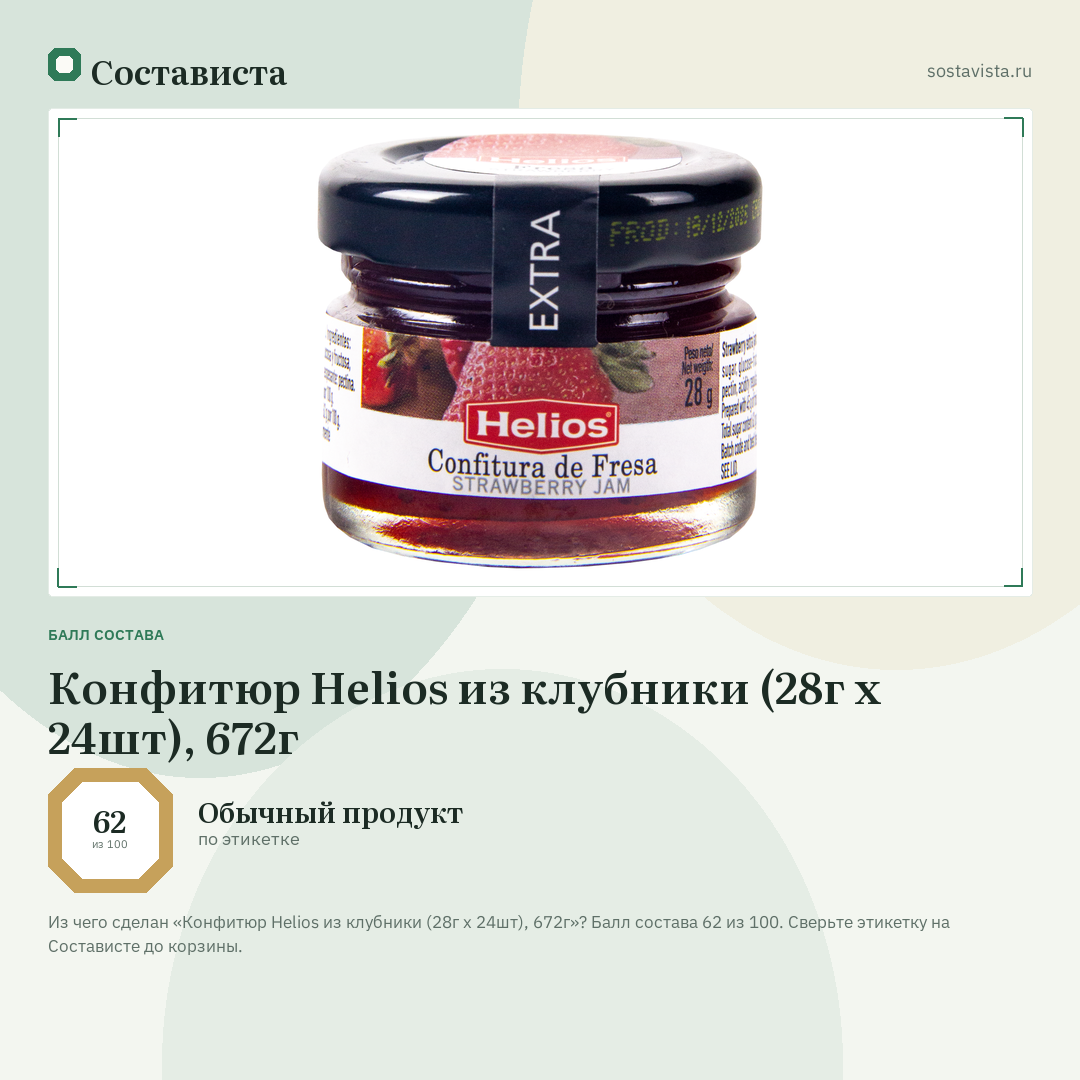 Конфитюр Helios из клубники (28г x 24шт), 672г: балл состава 62 из 100 — Состависта