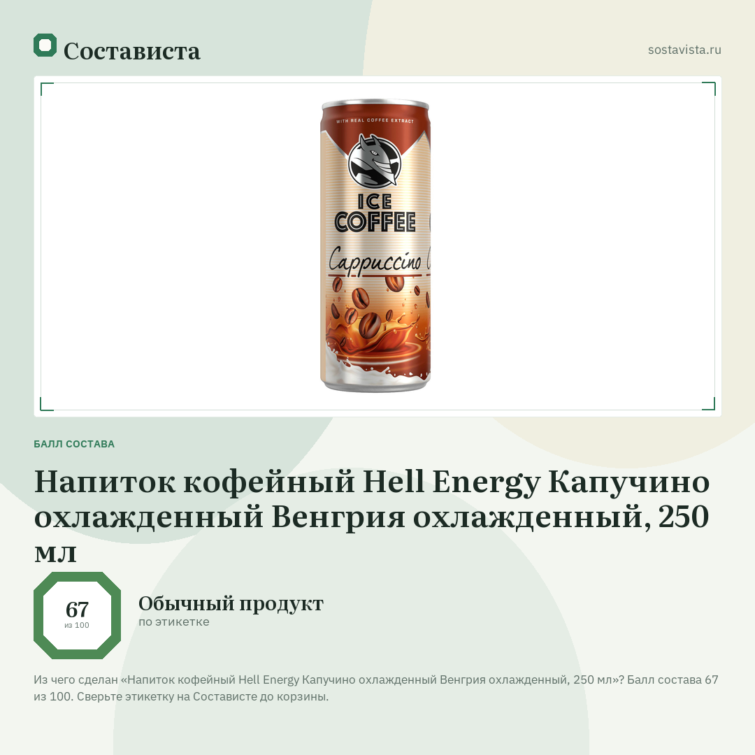 Напиток кофейный Hell Energy Капучино охлажденный Венгрия охлажденный, 250 мл: балл состава 67 из 100 — Состависта