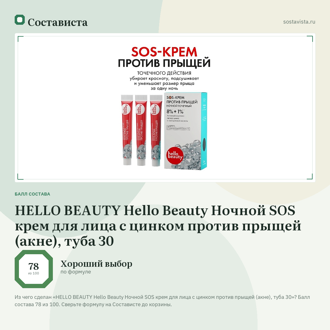 HELLO BEAUTY Hello Beauty Ночной SOS крем для лица с цинком против прыщей (акне), туба 30: балл состава 78 из 100 — Состависта