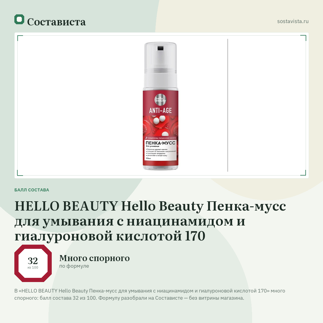 HELLO BEAUTY Hello Beauty Пенка-мусс для умывания с ниацинамидом и гиалуроновой кислотой 170: балл состава 32 из 100 — Состависта