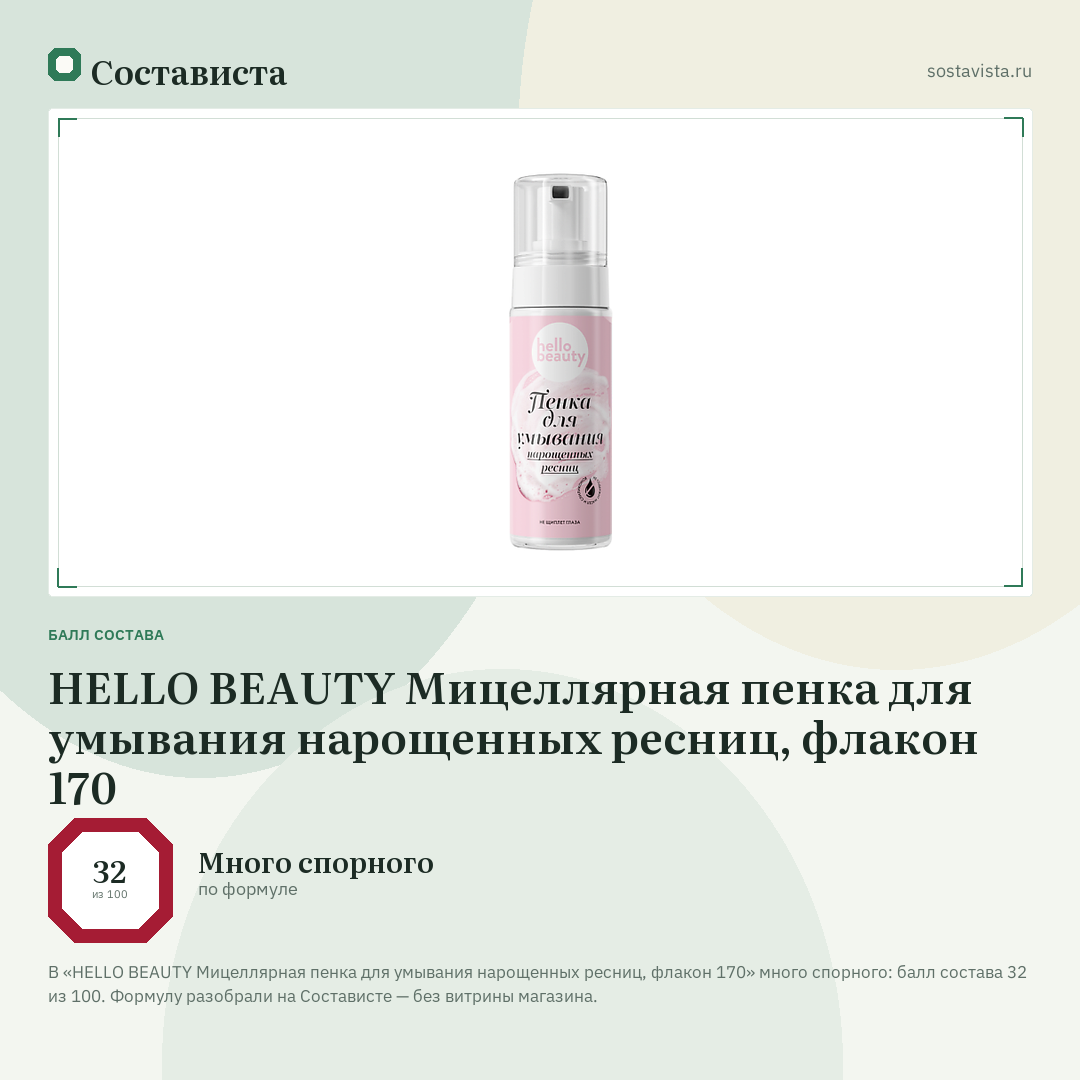 HELLO BEAUTY Мицеллярная пенка для умывания нарощенных ресниц, флакон 170: балл состава 32 из 100 — Состависта
