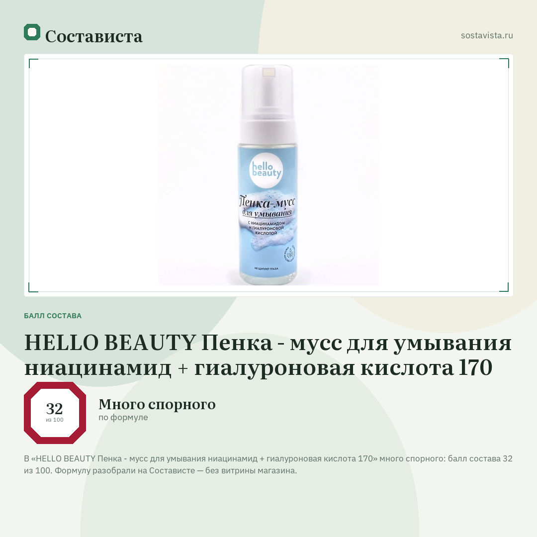 HELLO BEAUTY Пенка - мусс для умывания ниацинамид + гиалуроновая кислота 170: балл состава 32 из 100 — Состависта