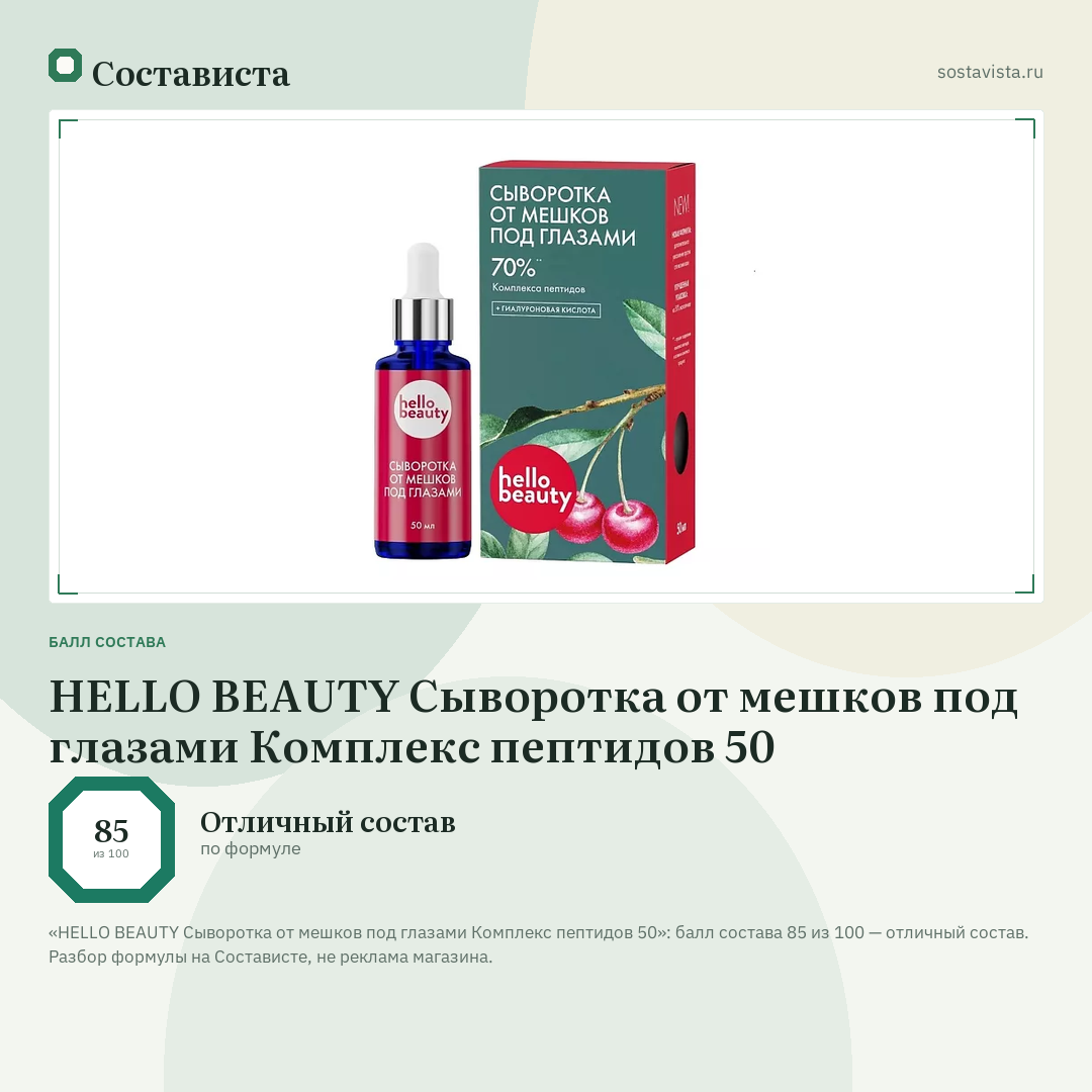 HELLO BEAUTY Сыворотка от мешков под глазами Комплекс пептидов 50: балл состава 85 из 100 — Состависта