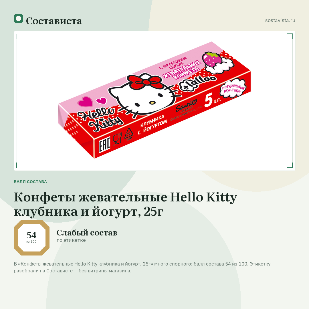 Конфеты жевательные Hello Kitty клубника и йогурт, 25г: балл состава 54 из 100 — Состависта