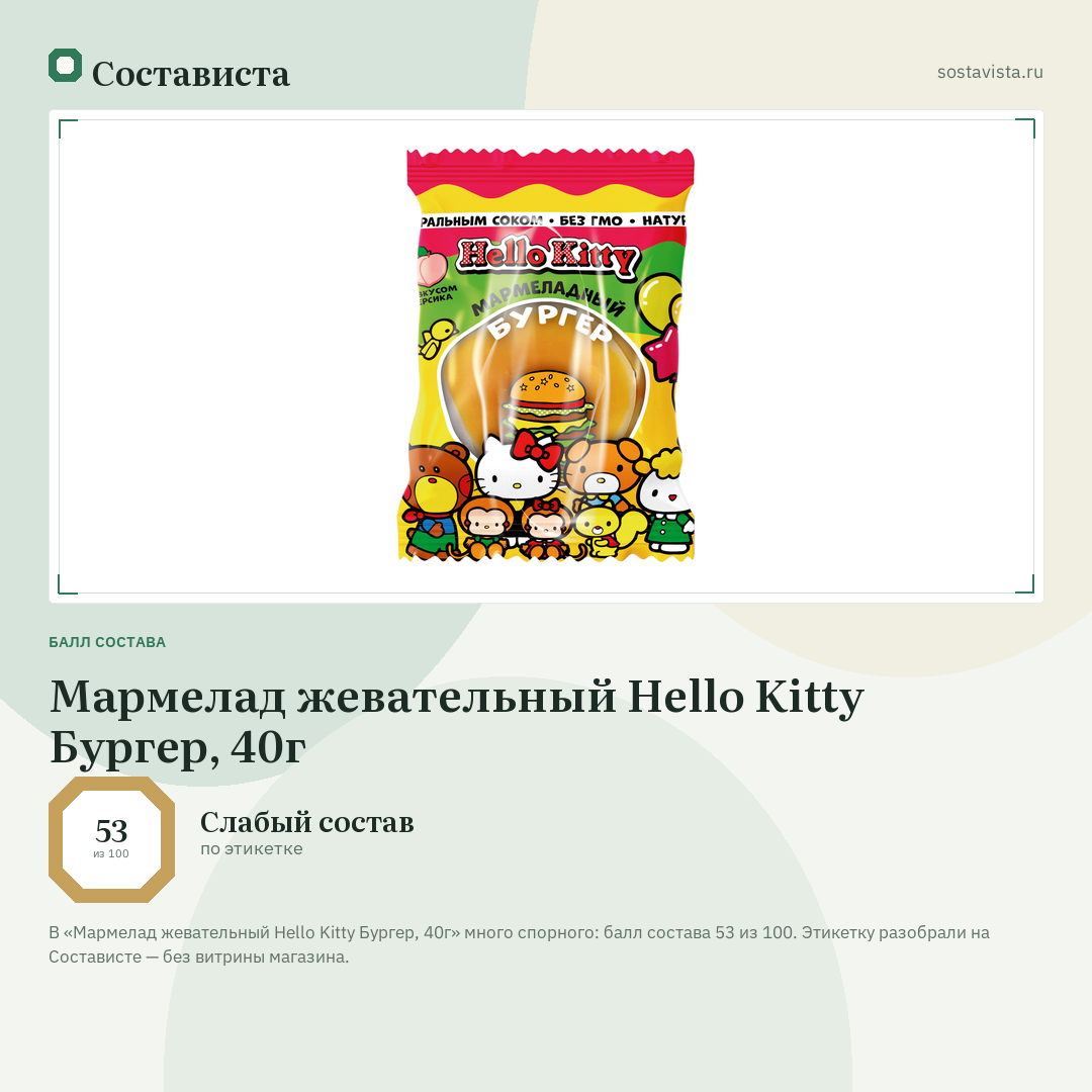 Мармелад жевательный Hello Kitty Бургер, 40г: балл состава 53 из 100 — Состависта