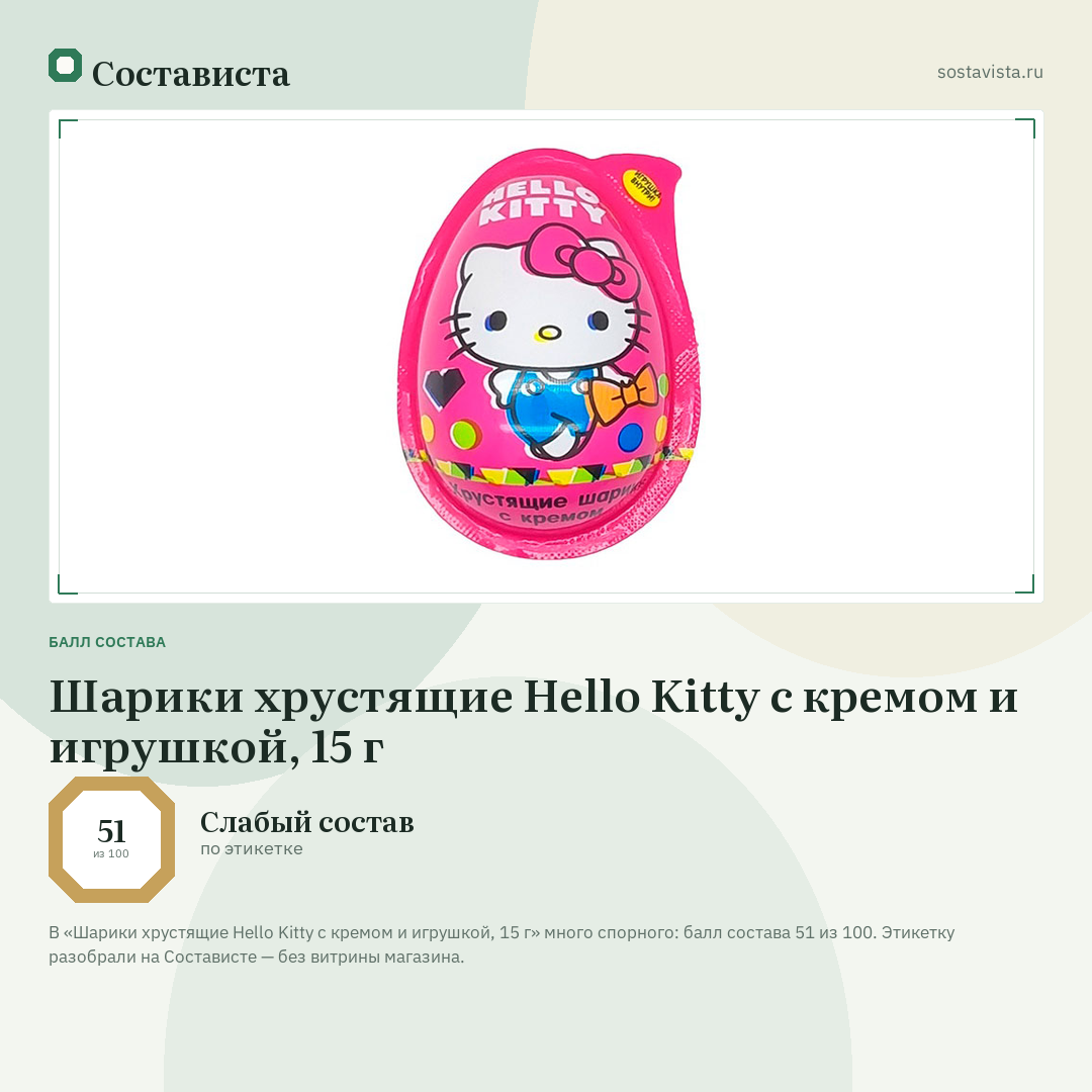 Шарики хрустящие Hello Kitty с кремом и игрушкой, 15 г: балл состава 51 из 100 — Состависта