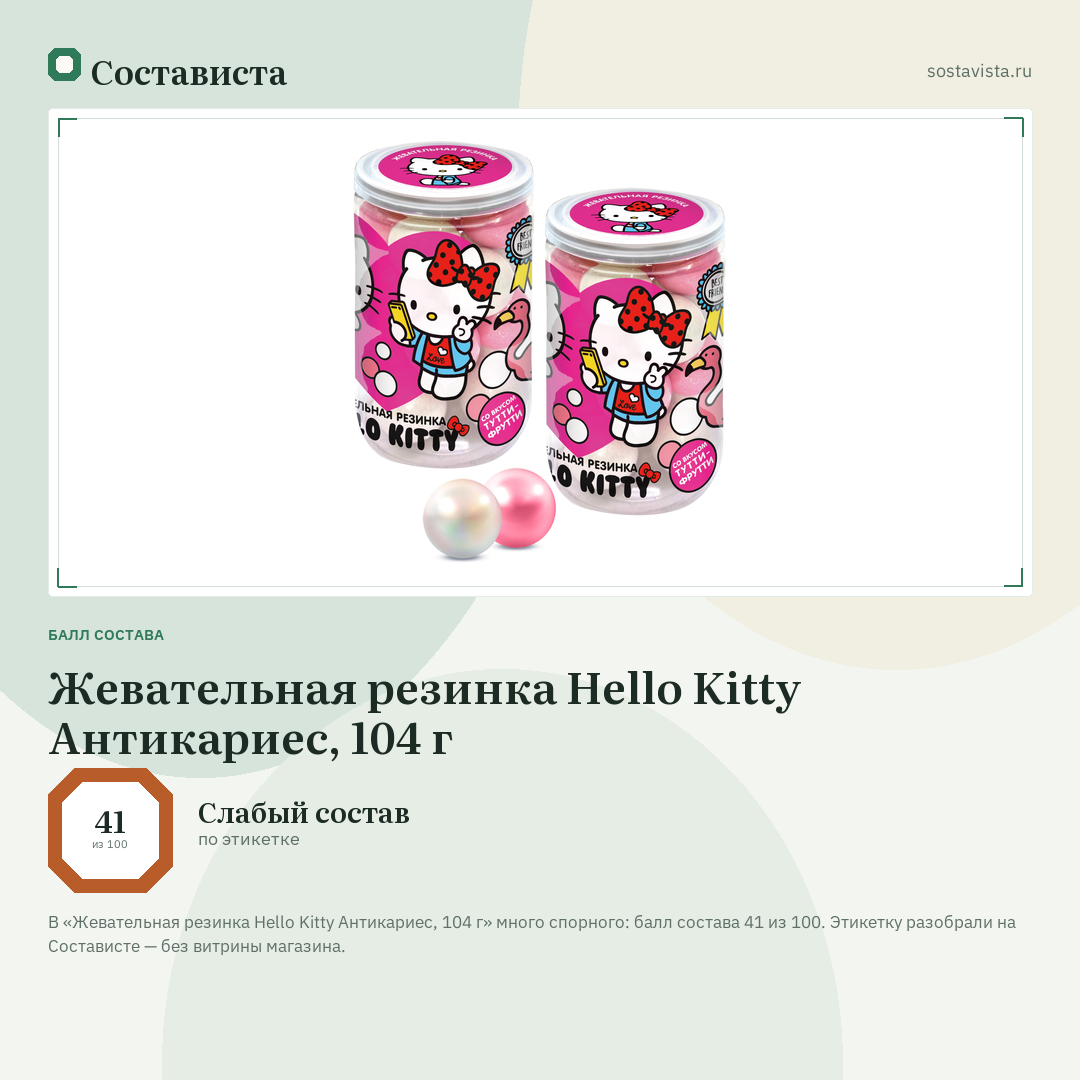 Жевательная резинка Hello Kitty Антикариес, 104 г: балл состава 41 из 100 — Состависта
