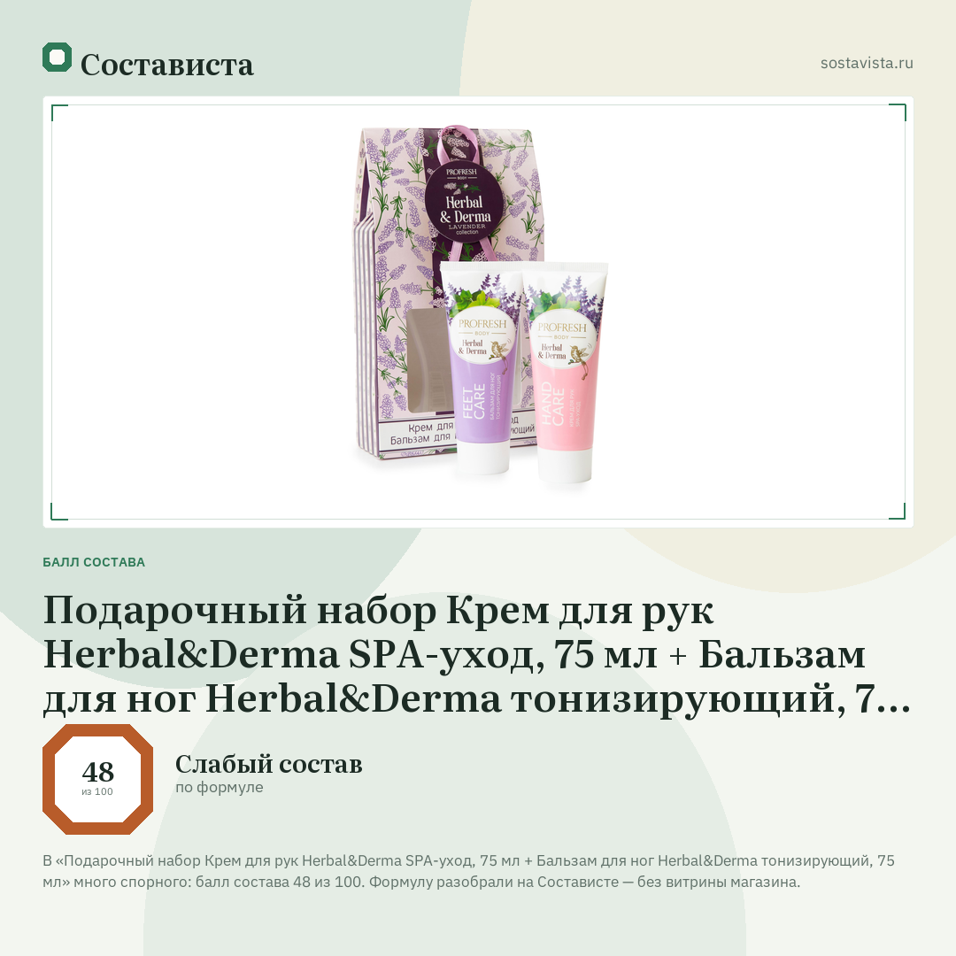 Подарочный набор Крем для рук Herbal&Derma SPA-уход, 75 мл + Бальзам для ног Herbal&Derma тонизирующий, 75 мл: балл состава 48 из 100 — Состависта