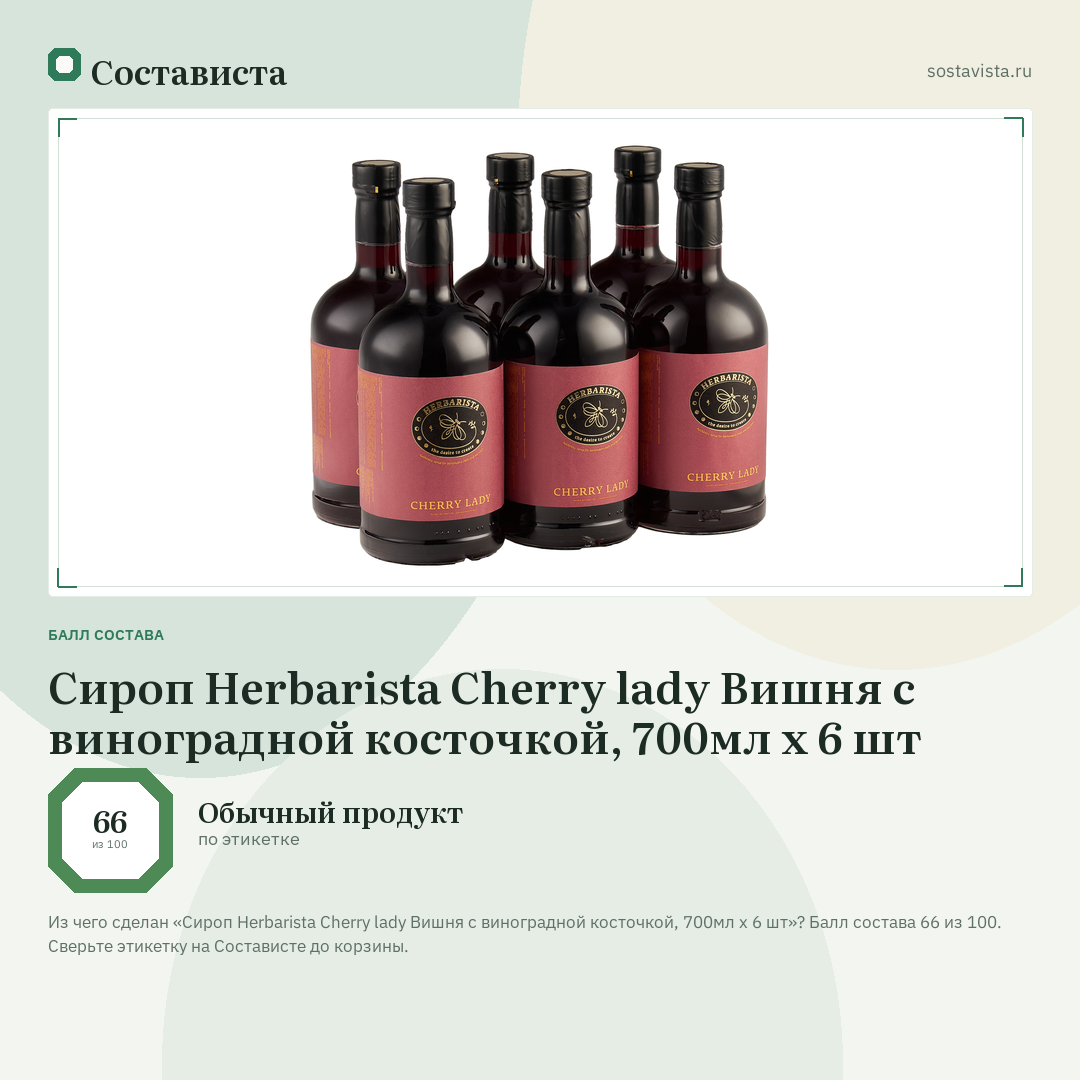 Сироп Herbarista Cherry lady Вишня с виноградной косточкой, 700мл x 6 шт: балл состава 66 из 100 — Состависта