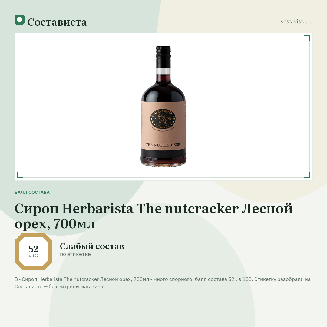 Сироп Herbarista The nutcracker Лесной орех, 700мл: балл состава 52 из 100 — Состависта