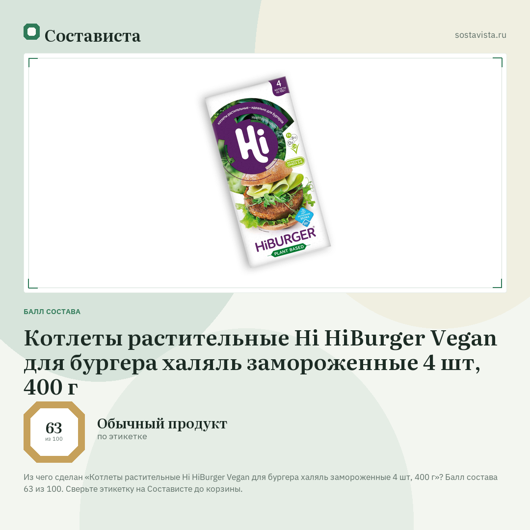 Котлеты растительные Hi HiBurger Vegan для бургера халяль замороженные 4 шт, 400 г: балл состава 63 из 100 — Состависта