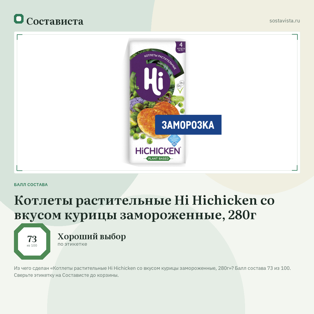 Котлеты растительные Hi Hichicken со вкусом курицы замороженные, 280г: балл состава 73 из 100 — Состависта