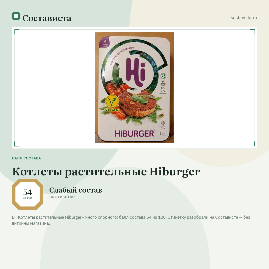 Котлеты растительные Hiburger: балл состава 54 из 100 — Состависта