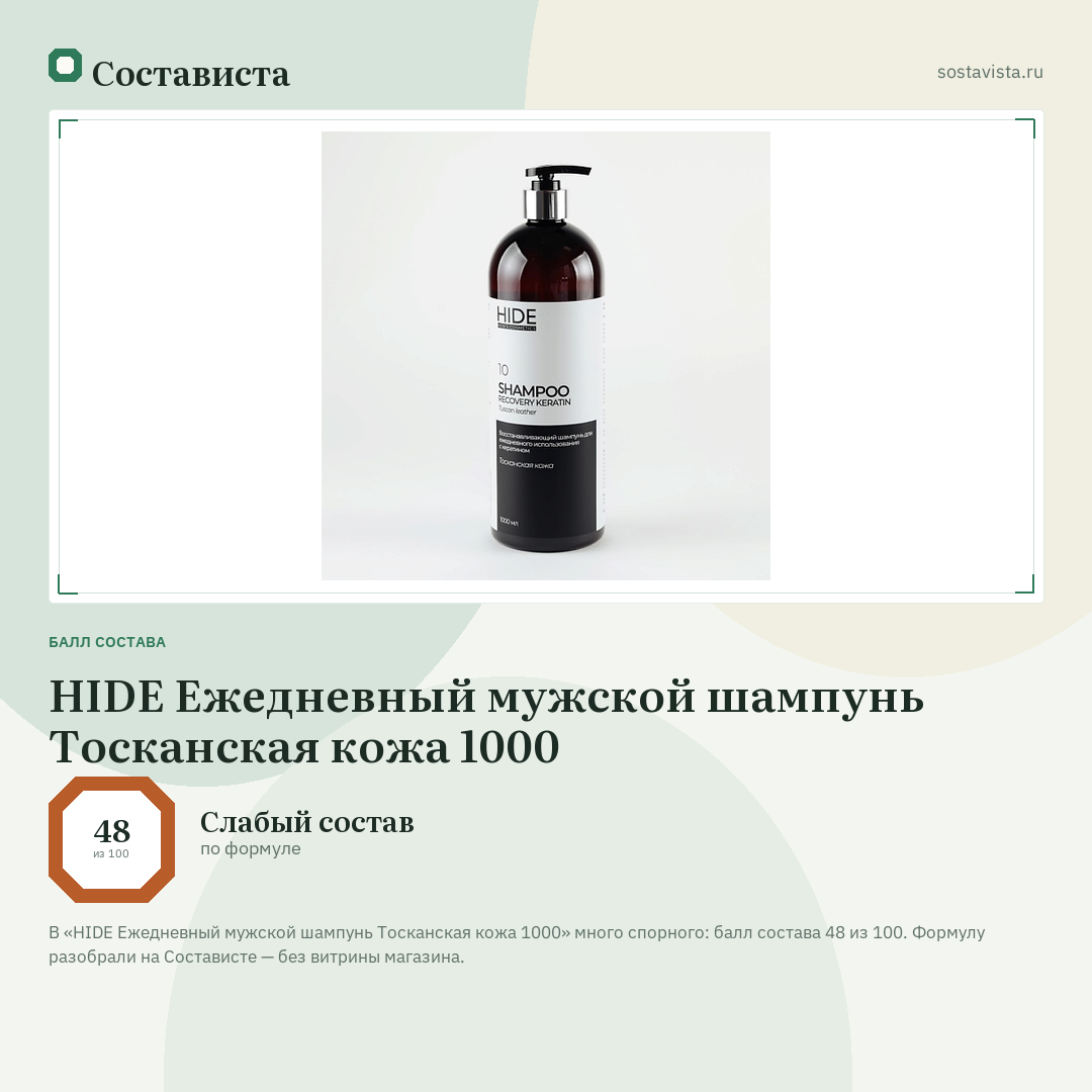 HIDE Ежедневный мужской шампунь Тосканская кожа 1000: балл состава 48 из 100 — Состависта