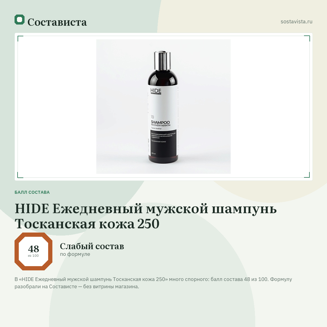 HIDE Ежедневный мужской шампунь Тосканская кожа 250: балл состава 48 из 100 — Состависта