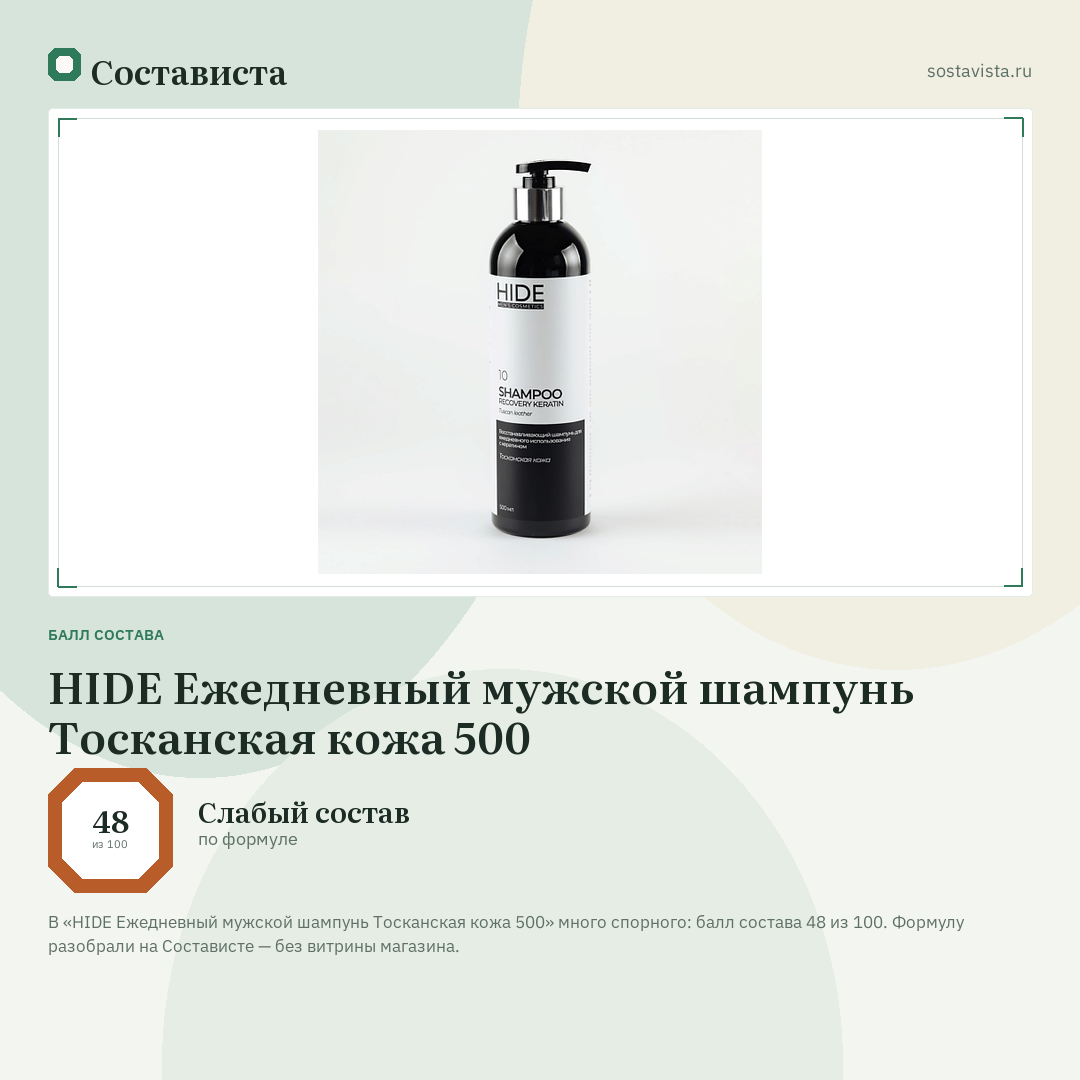 HIDE Ежедневный мужской шампунь Тосканская кожа 500: балл состава 48 из 100 — Состависта