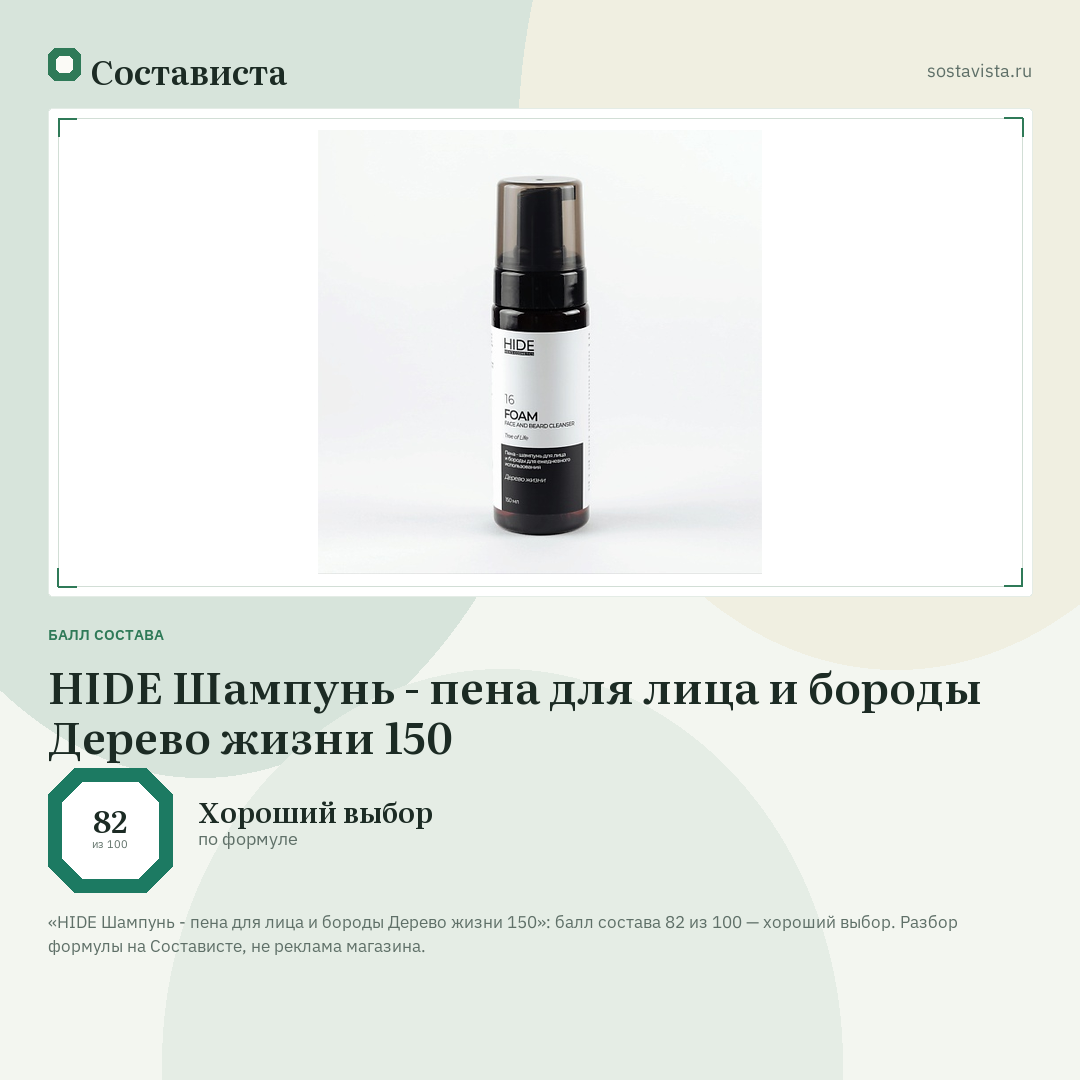 HIDE Шампунь - пена для лица и бороды Дерево жизни 150: балл состава 82 из 100 — Состависта