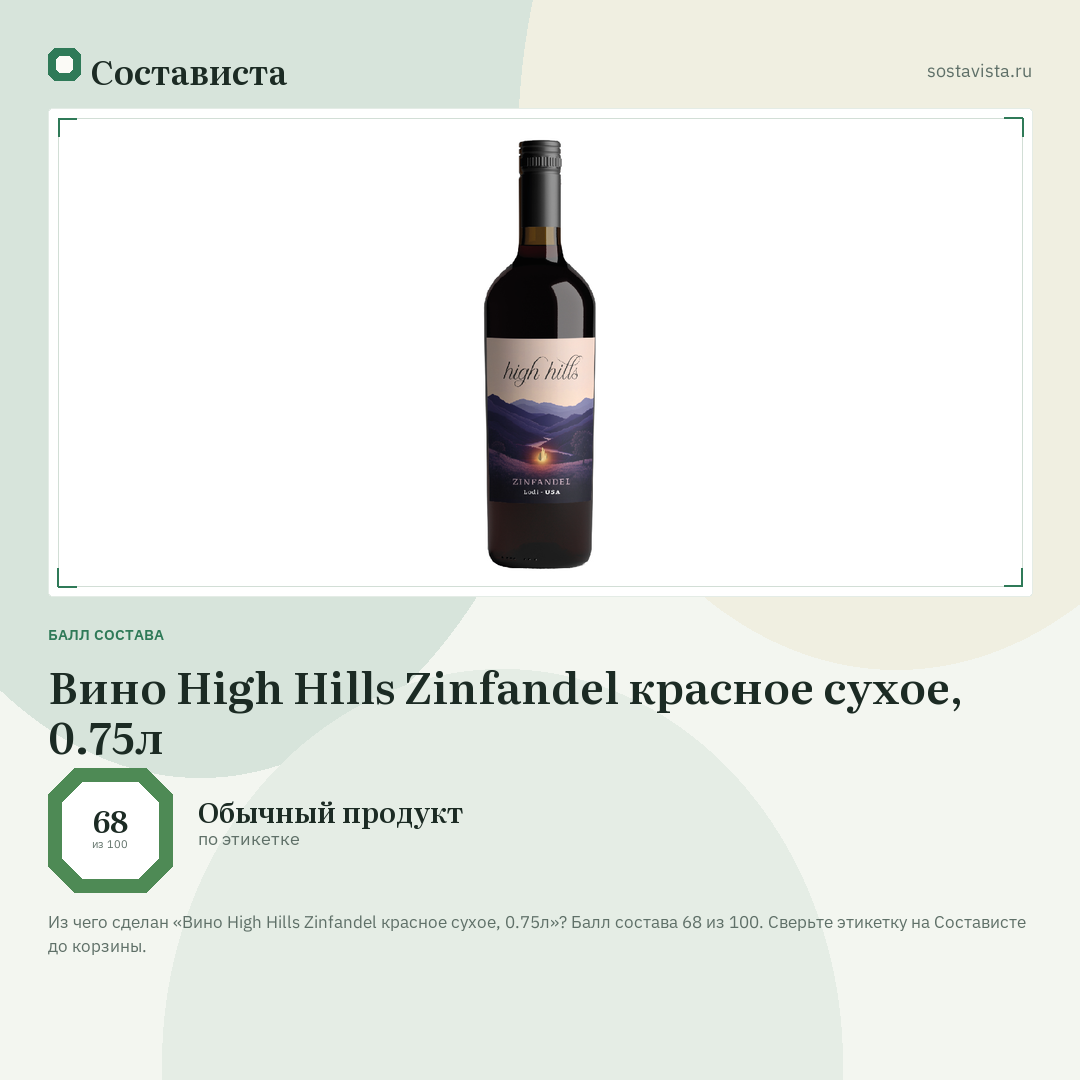 Вино High Hills Zinfandel красное сухое, 0.75л: балл состава 68 из 100 — Состависта