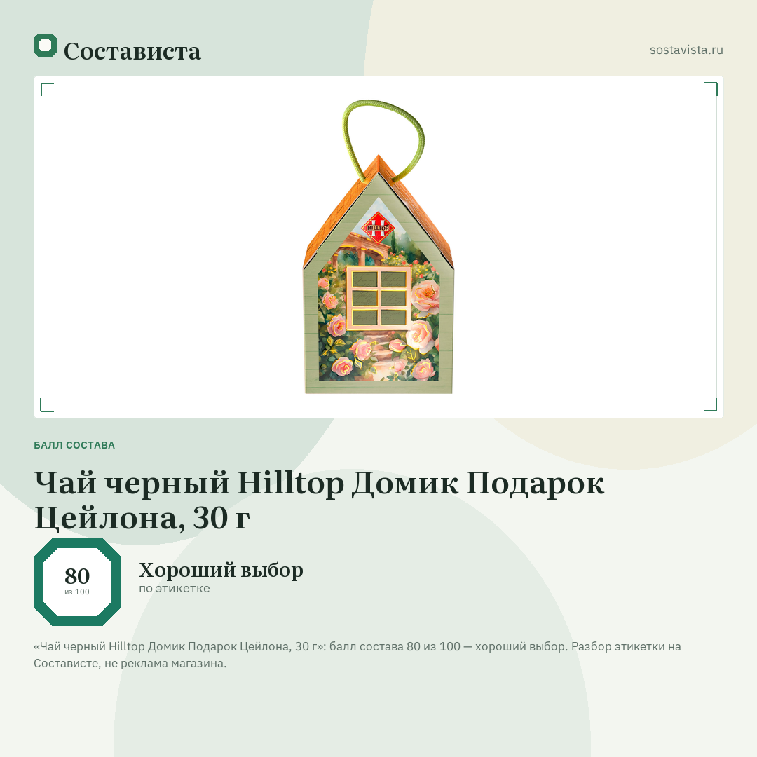 Чай черный Hilltop Домик Подарок Цейлона, 30 г: балл состава 80 из 100 — Состависта