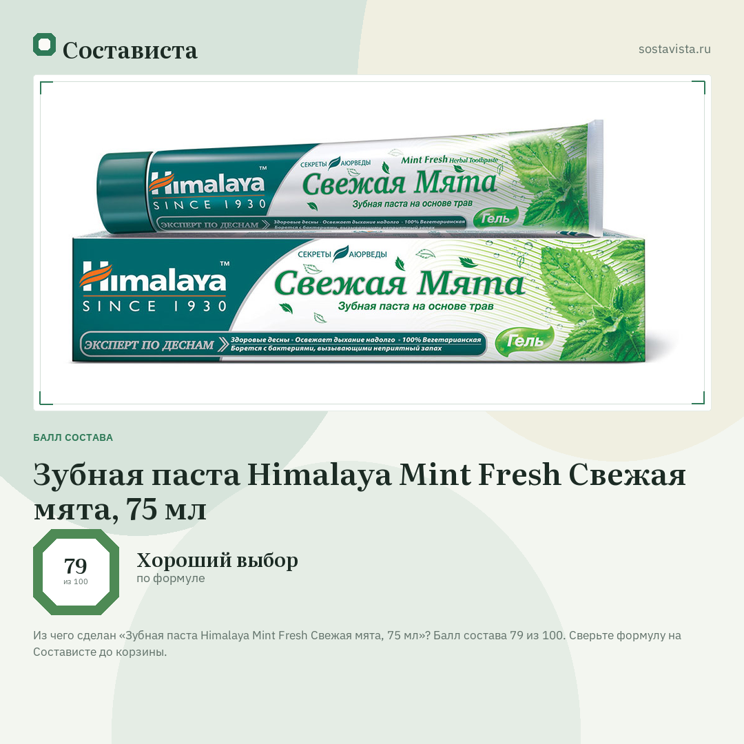 Зубная паста Himalaya Mint Fresh Свежая мята, 75 мл: балл состава 79 из 100 — Состависта