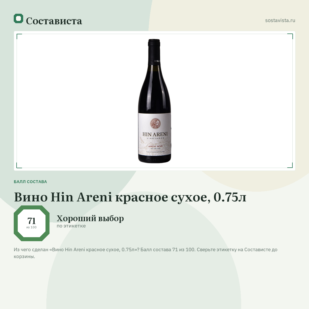 Вино Hin Areni красное сухое, 0.75л: балл состава 71 из 100 — Состависта