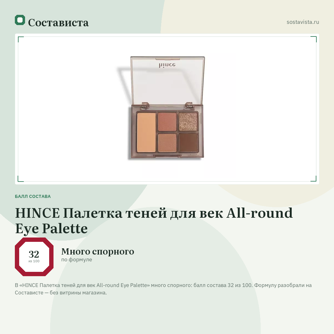 HINCE Палетка теней для век All-round Eye Palette: балл состава 32 из 100 — Состависта